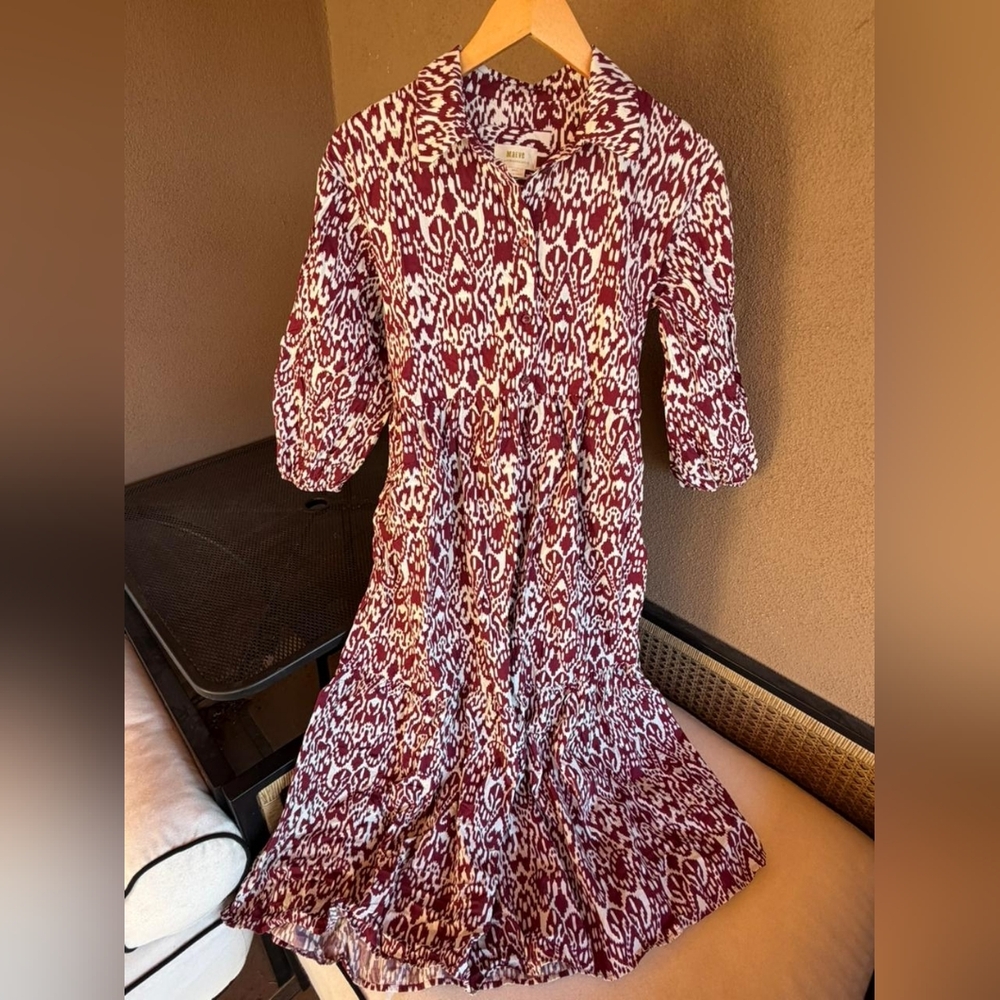 Anthropologie Maeve The Bettina Tiered Shirt Midi Dress in Wine Geometric Aztec - Picture 2 of 5